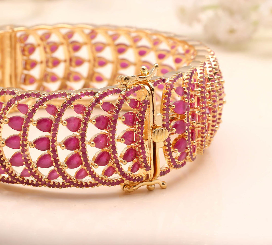 Ruby Marquise CZ Bangle | 22K Gold Plated Kada Bracelet |Traditional Indian Jewelry | Bridal Openable Bangle | Wedding Bangle | Gift For Her — 3