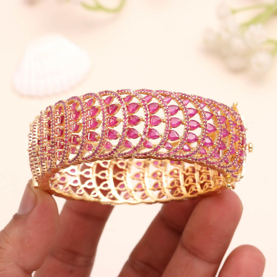 Ruby Marquise CZ Bangle | 22K Gold Plated Kada Bracelet |Traditional Indian Jewelry | Bridal Openable Bangle | Wedding Bangle | Gift For Her — 4