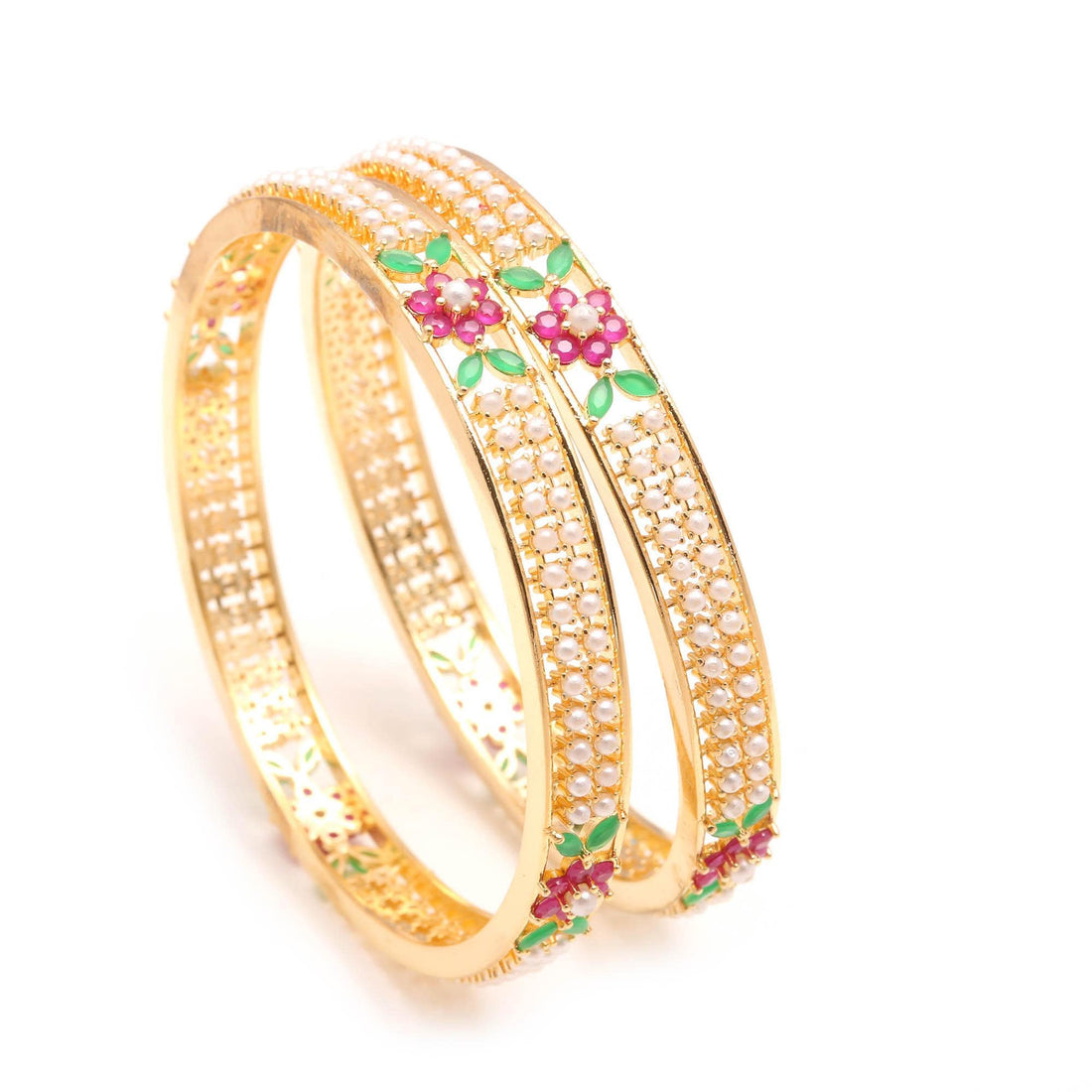 Ruby Emerald Pearl Bangle | 22K Gold Plated Handmade Bracelet | Traditional Indian Jewelry | Bridal Bangle | Wedding Bangle | Gift For Women — 4