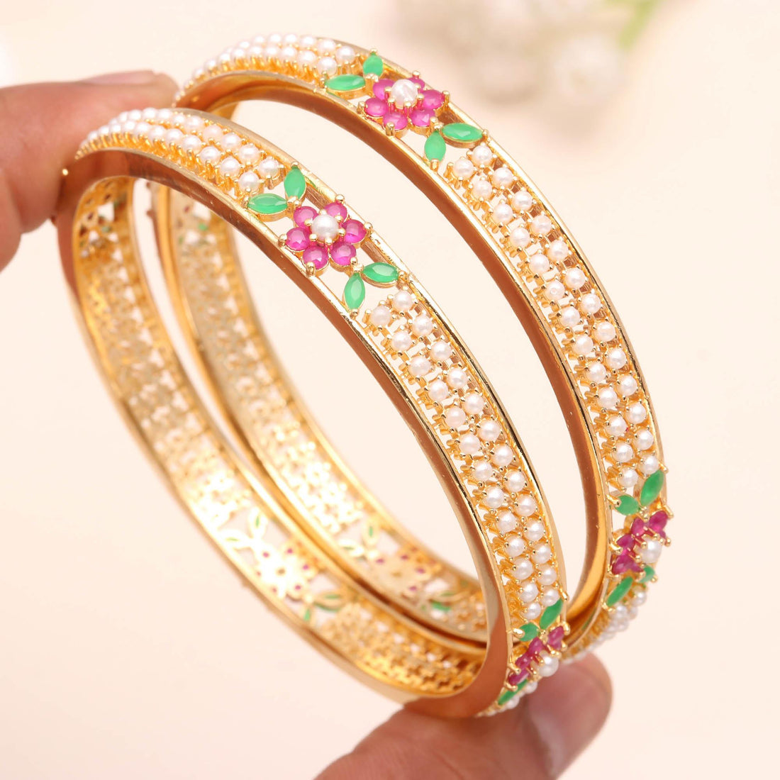 Ruby Emerald Pearl Bangle | 22K Gold Plated Handmade Bracelet | Traditional Indian Jewelry | Bridal Bangle | Wedding Bangle | Gift For Women — 3