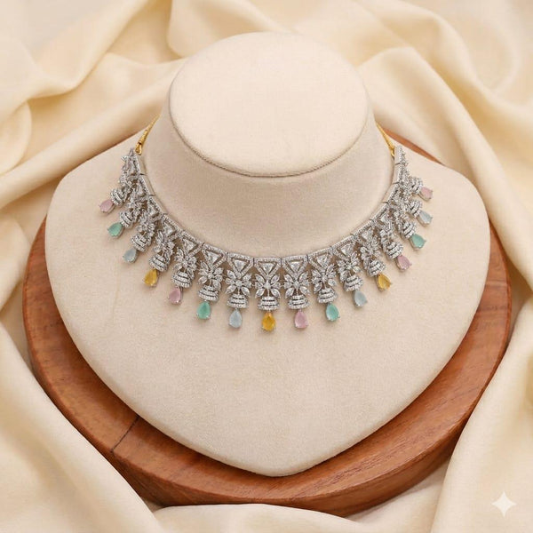 Multi Stone Chalcedony & Cubic Zirconia Necklace Set | White Gold Plated Indian Bridal Jewelry | Statement Wedding Necklace | Valentine Gift