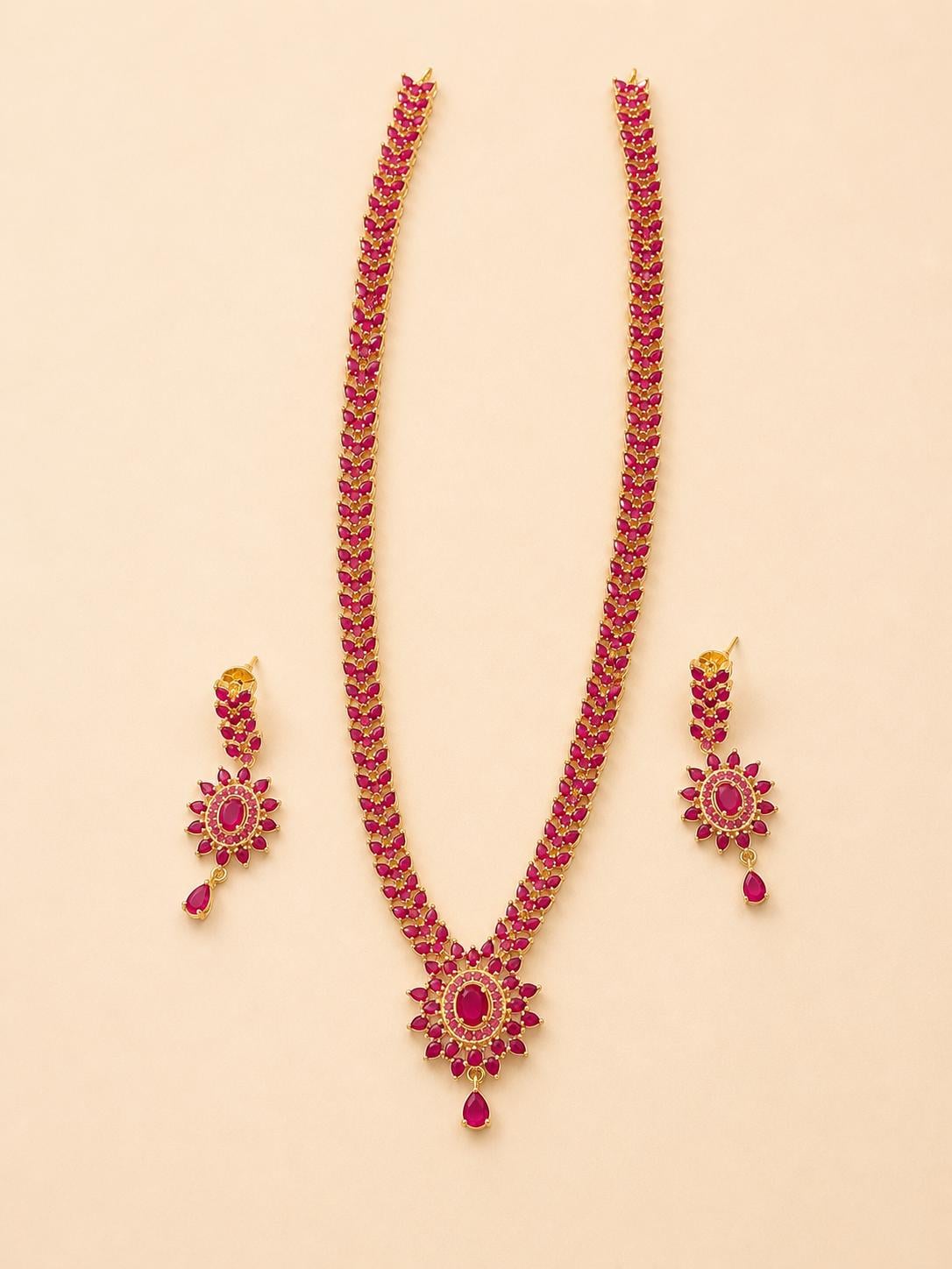 Long PremiumRuby Gold Plated South Indian Wedding Necklace | Red Necklace | Gift For Her | Haram With Earr| Ruby Jewelry |Gift for her — 4