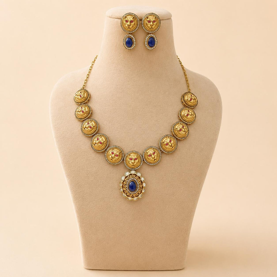 Vintage Lion Coin Necklace Set with Blue sapphire Gemstone Pendant – 22k Gold plated  Statement Bridal Jewelry