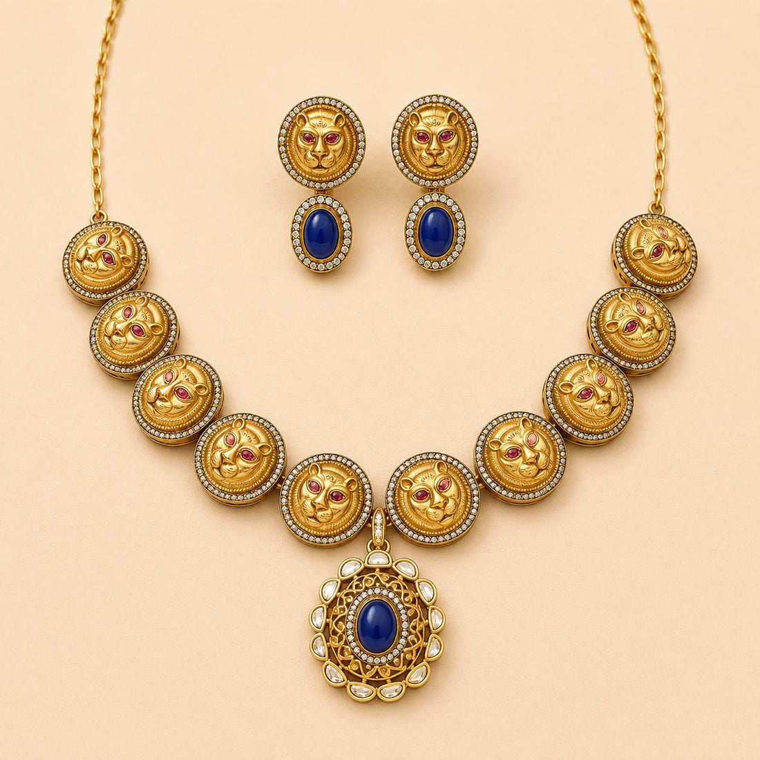 Vintage Lion Coin Necklace Set with Blue sapphire Gemstone Pendant – 22k Gold plated  Statement Bridal Jewelry — 2
