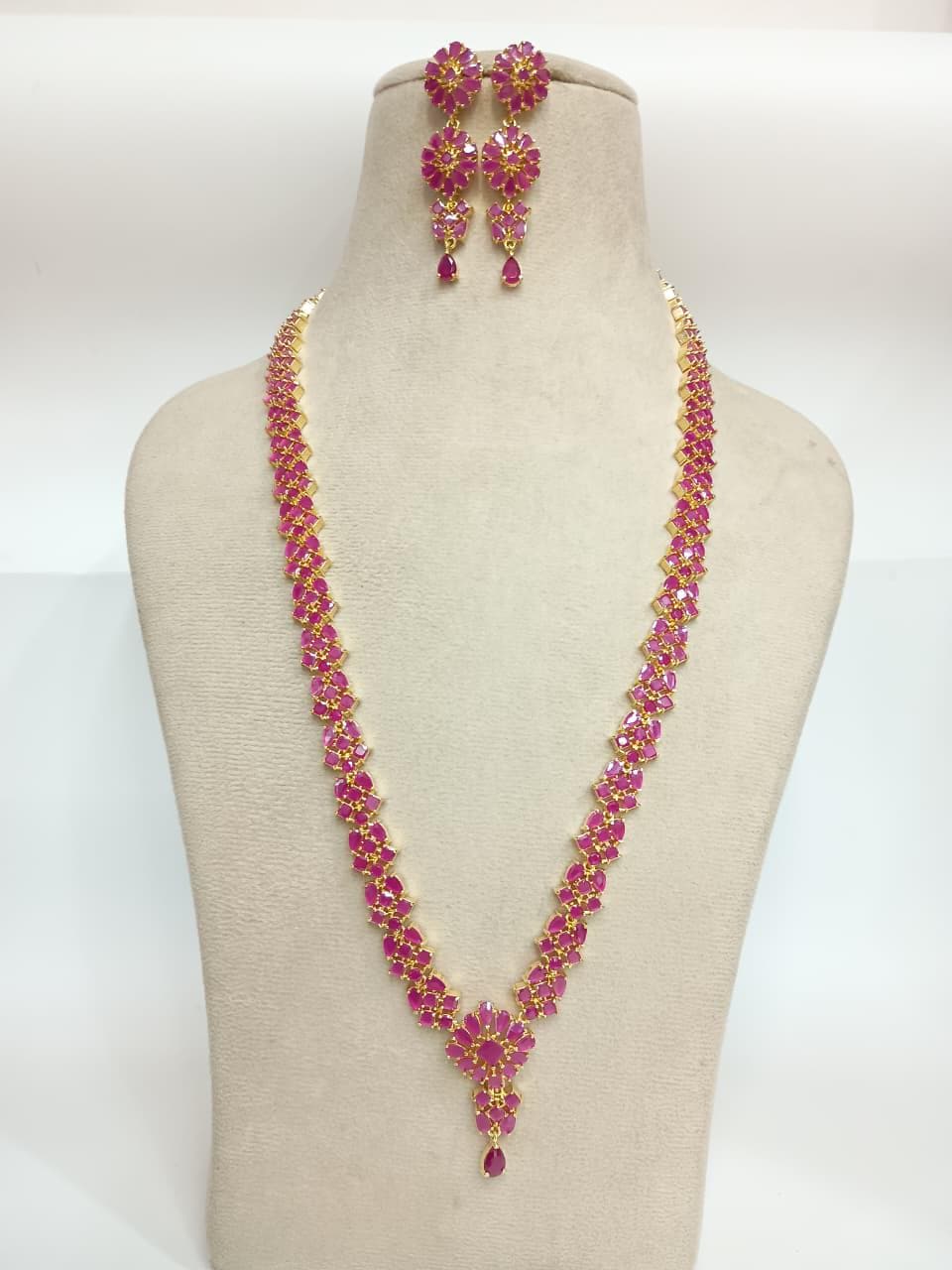 Handmade 22K Gold Plated Red Ruby Necklace Set | Indian Bridal Temple Design Jewelry with Earrings | Traditional Wedding Wear | Gift For Her — 2