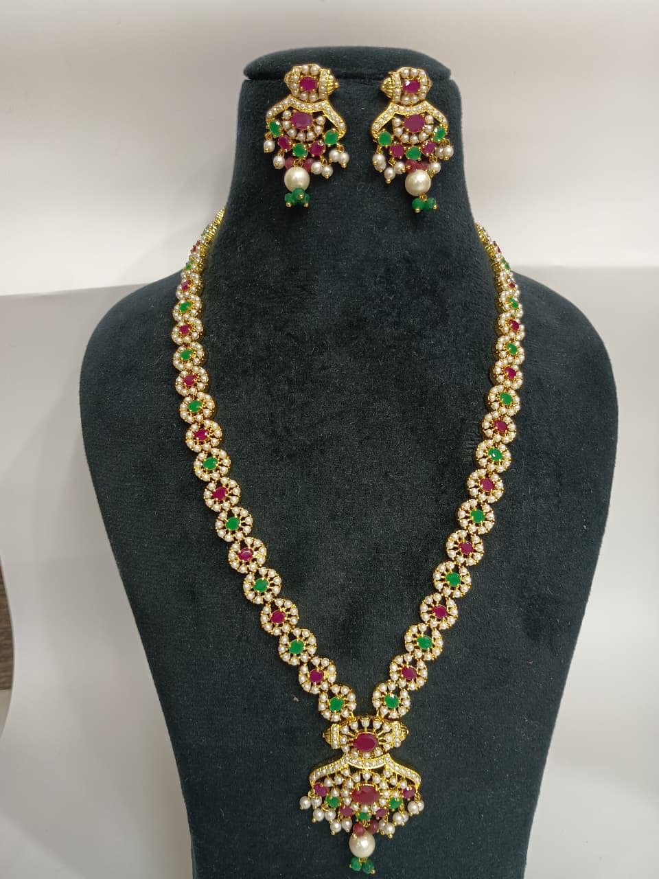 South Indian Ruby Emerald Pearl Long Necklace | Gold Plated Traditional Haram | Bridal Wedding Engagement Jewelry | Gift for Her — 2