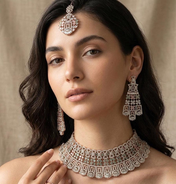 22k Gold Plated Chalcedony Necklace | CZ Diamond Indian Bridal Jewelry | Traditional Wedding Statement Necklace | Women Necklace