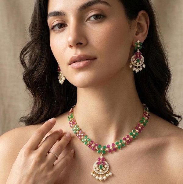 Luxury Gold Plated Ruby Emerald Pearl Necklace | South Indian Bridal Wedding Jewelry | Traditional Statement Necklace | Valentine Gift