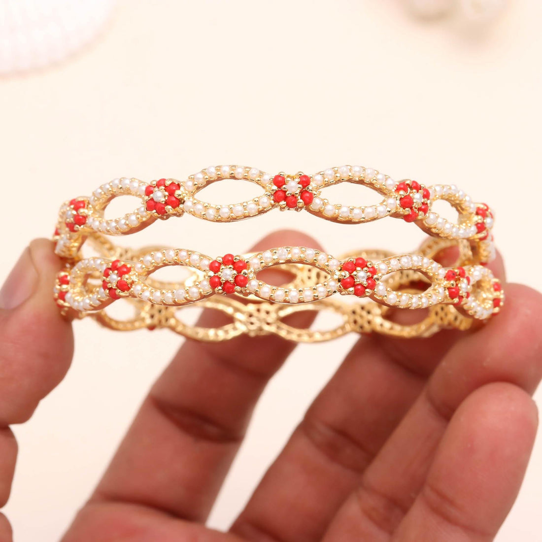 22K Gold Plated  Coral Pearl Bangle | Indian Bracelet | Wedding Jewelry | Ethnic Wear Bangle | Gift For Her | Indian Bangle | Bridal Bangle — 3