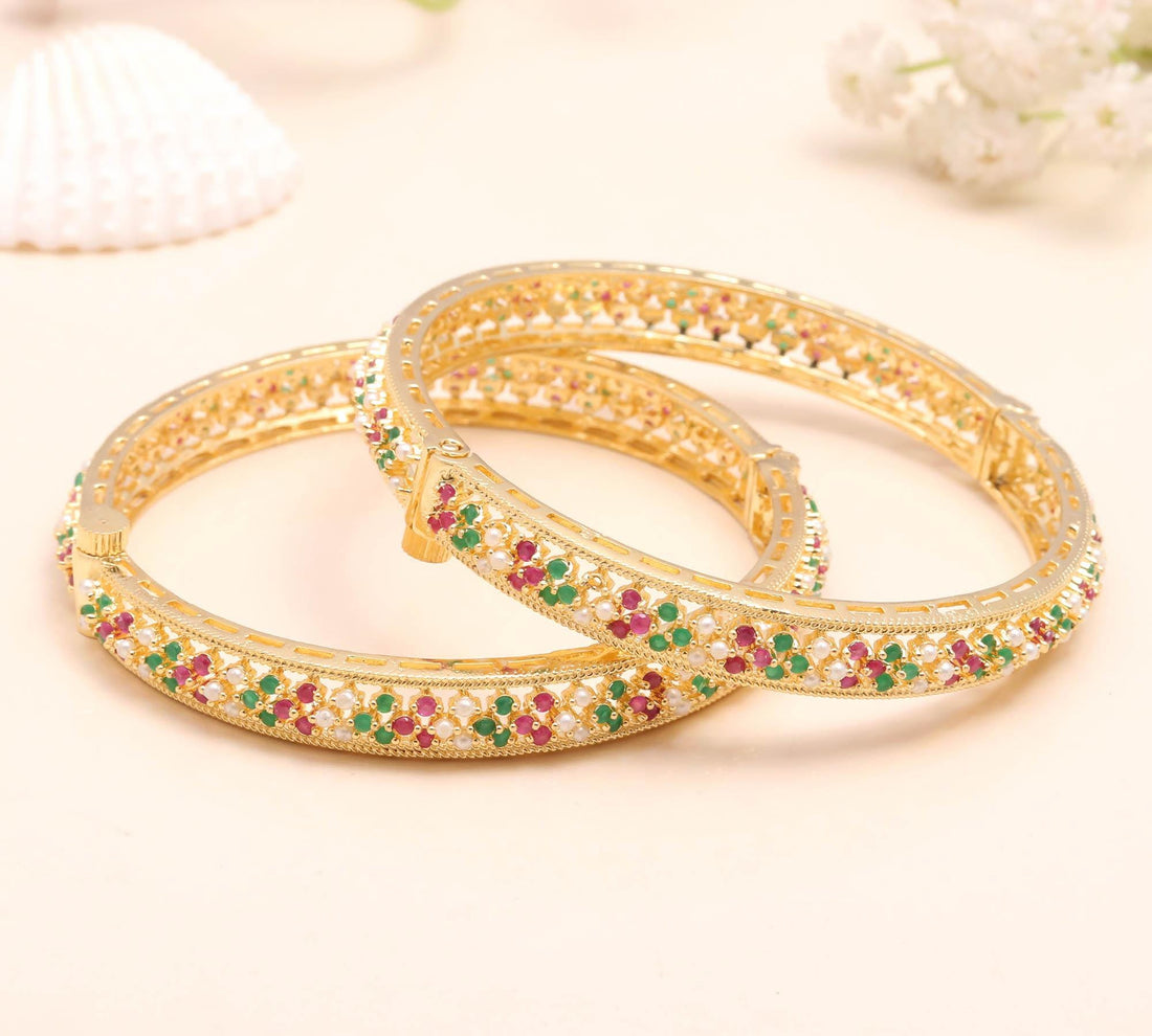 22K Gold Plated Ruby Emerald Pearl Kada Bangle | Traditional Indian Bracelet | Bridal Wedding Jewelry | Ethnic Bangle | Gift For Her — 2