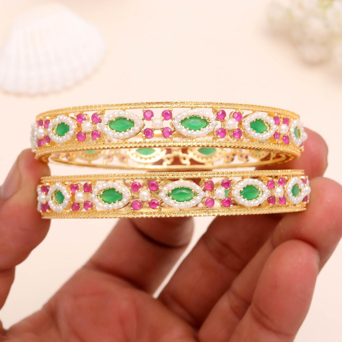22K Gold Plated Ruby Emerald Pearl Kada Bangle | Wedding Jewelry | Ethnic Bangle | Gift For Women | Traditional Bangle  |Bridal Bangle — 3