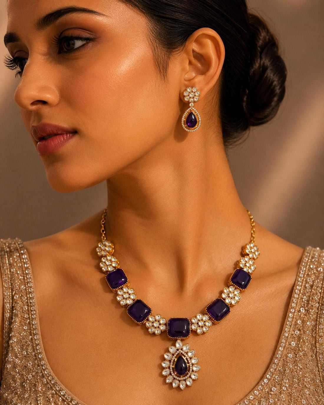Amethyst Necklace Jewelry | Gold Plated Indian Bridal Jewelry | Wedding Necklace | Kundan Statement Necklace — 2