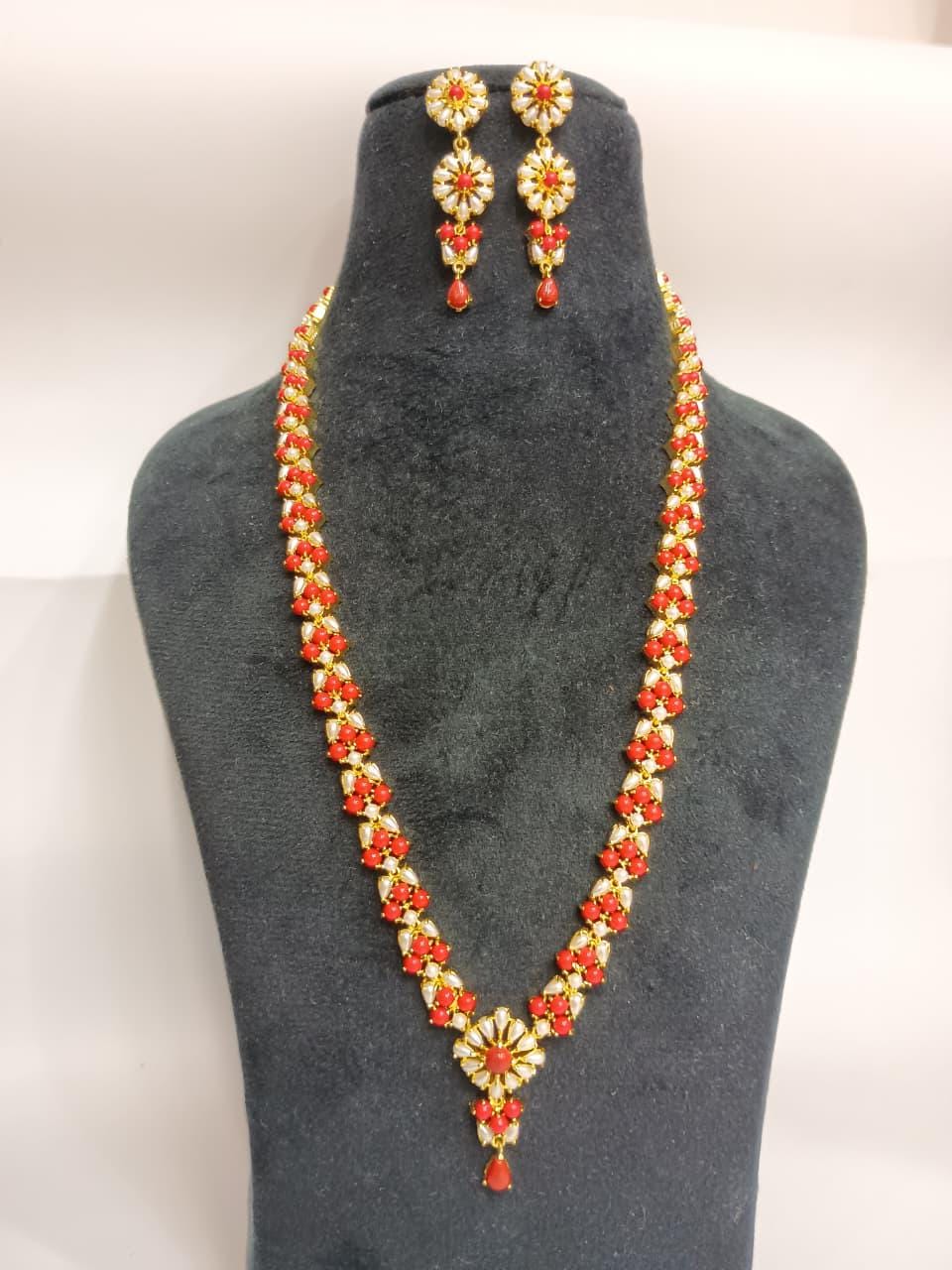 22K Gold Plated Coral Necklace Set | Handmade Indian Traditional Temple Bridal Jewelry | Red Wedding Necklace with Earrings | Gift For Her — 2