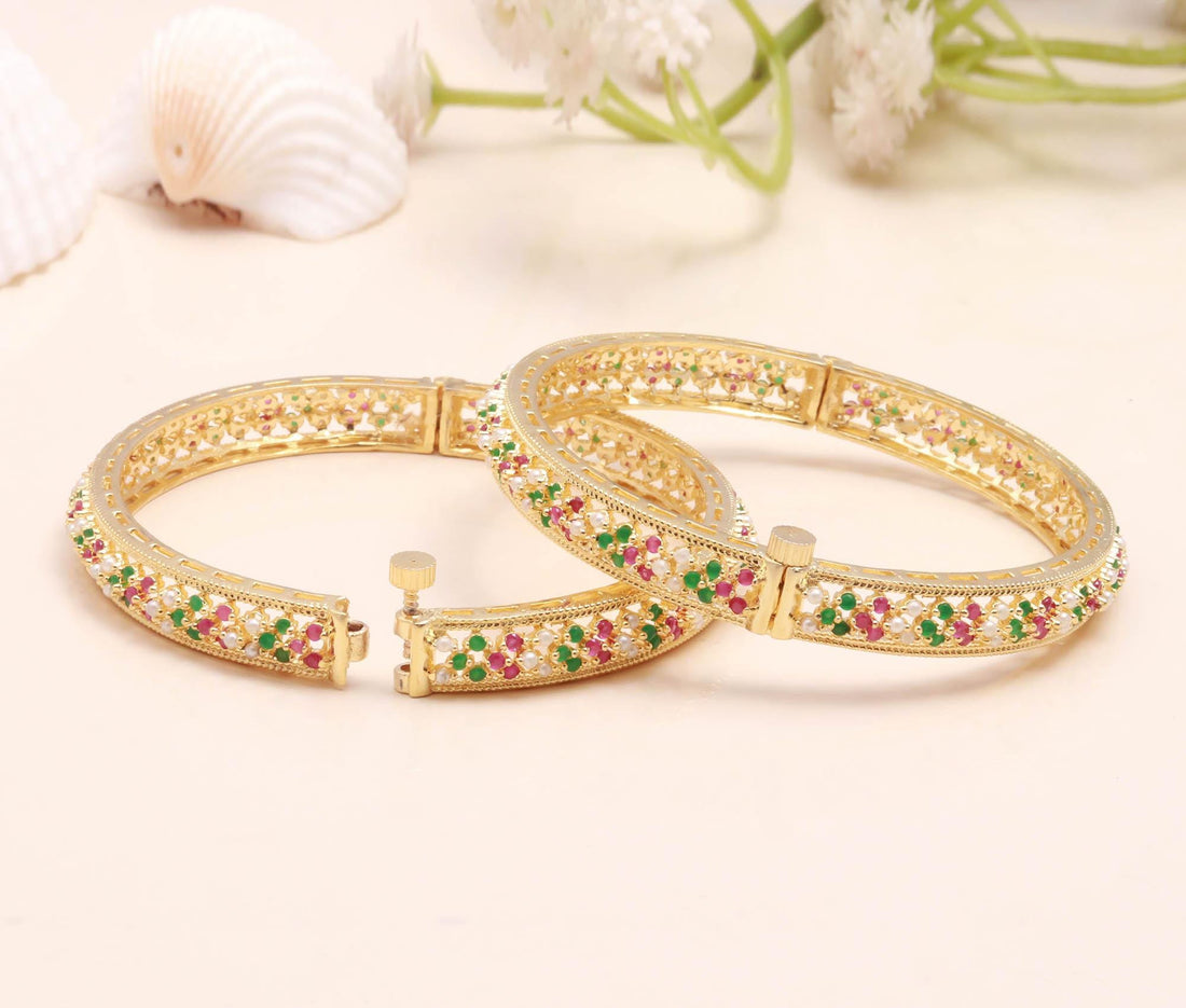 22K Gold Plated Ruby Emerald Pearl Kada Bangle | Traditional Indian Bracelet | Bridal Wedding Jewelry | Ethnic Bangle | Gift For Her — 5