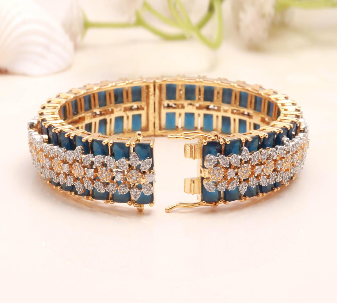 Blue Sapphire CZ Openable Bangle | 22K Gold Plated Kada Bracelet | Traditional Indian Jewelry | Bridal Bangle |Wedding Bangle | Gift For Her — 6