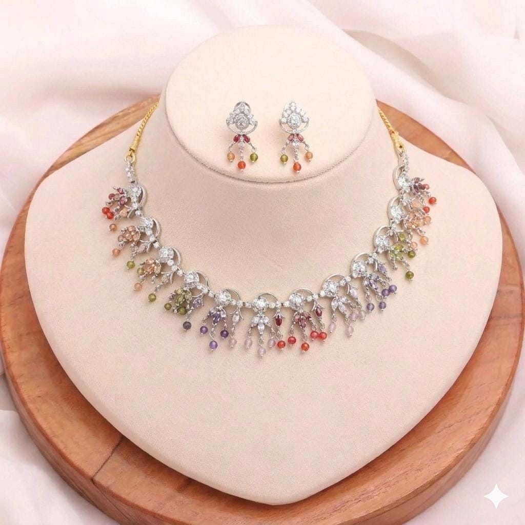 Gold Plated Garnet Multi Stone Necklace Stud Set | White Gold Jewelry | Elegant Bridal Necklace | Wedding Necklace | Statement Necklace Set