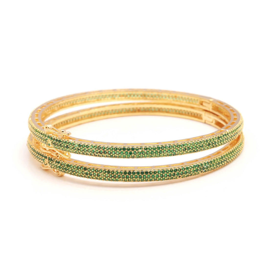 Green Emerald CZ Openable Bangles | 22K Gold Plated Traditional Indian Bracelet Set | Round Green CZ Bridal Bangles | Gift For Her — 2