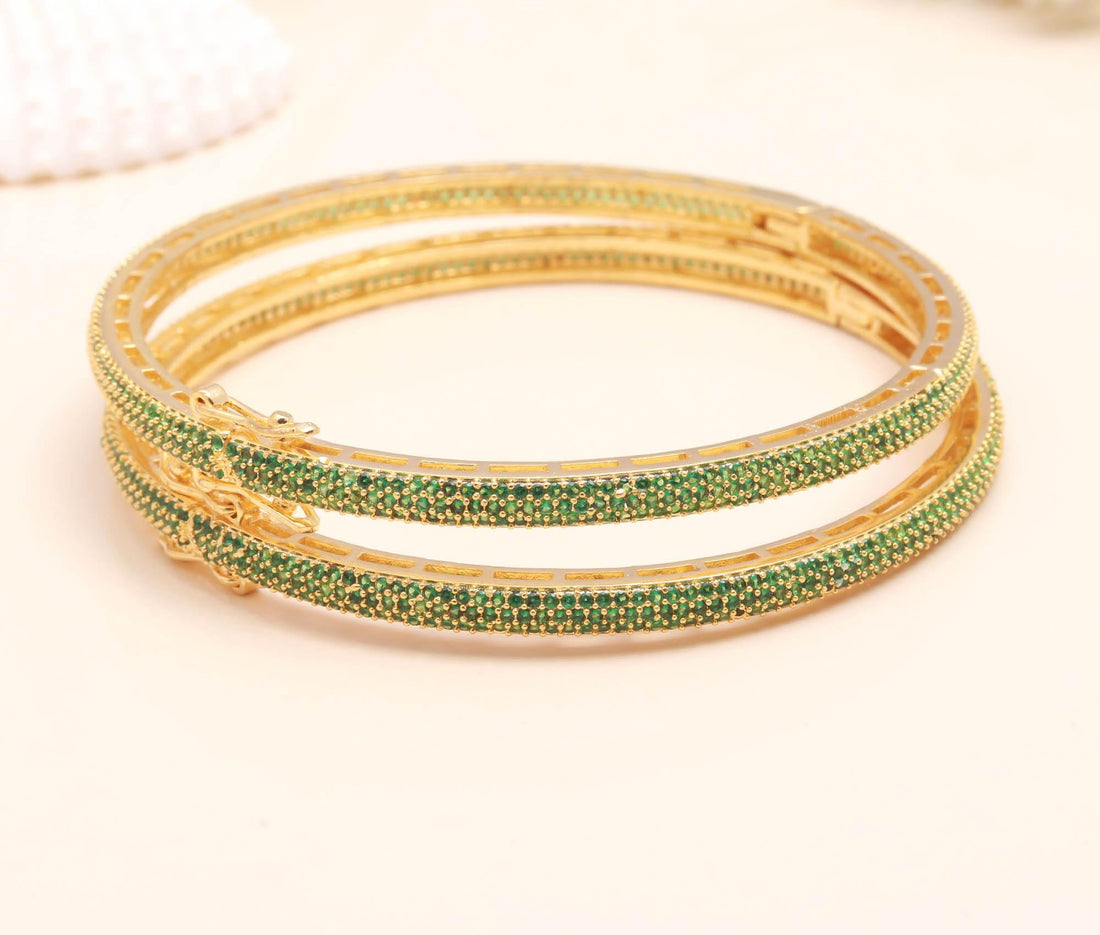 Green Emerald CZ Openable Bangles | 22K Gold Plated Traditional Indian Bracelet Set | Round Green CZ Bridal Bangles | Gift For Her — 3