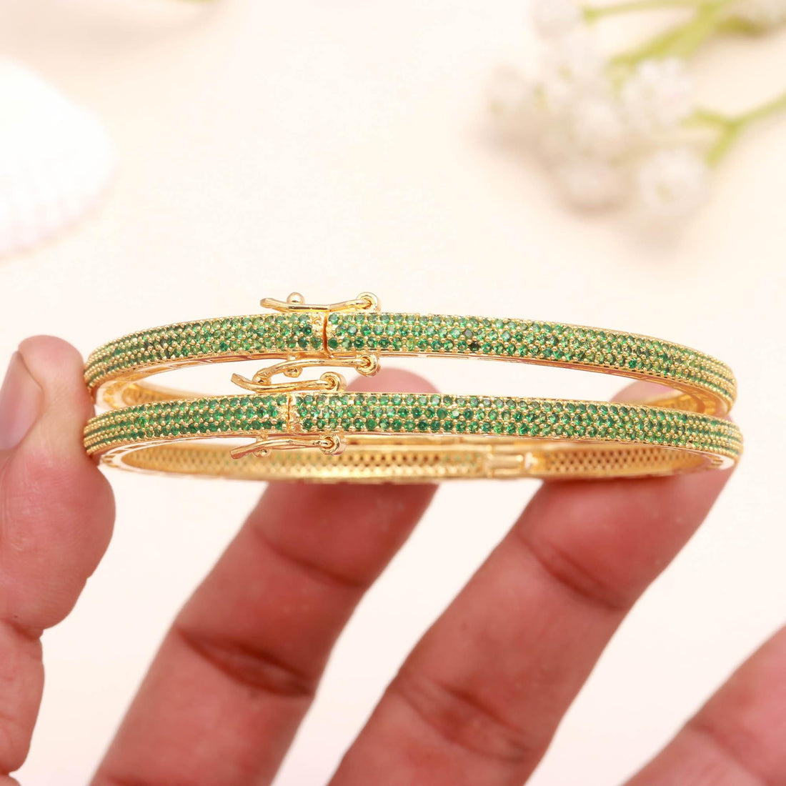 Green Emerald CZ Openable Bangles | 22K Gold Plated Traditional Indian Bracelet Set | Round Green CZ Bridal Bangles | Gift For Her — 4