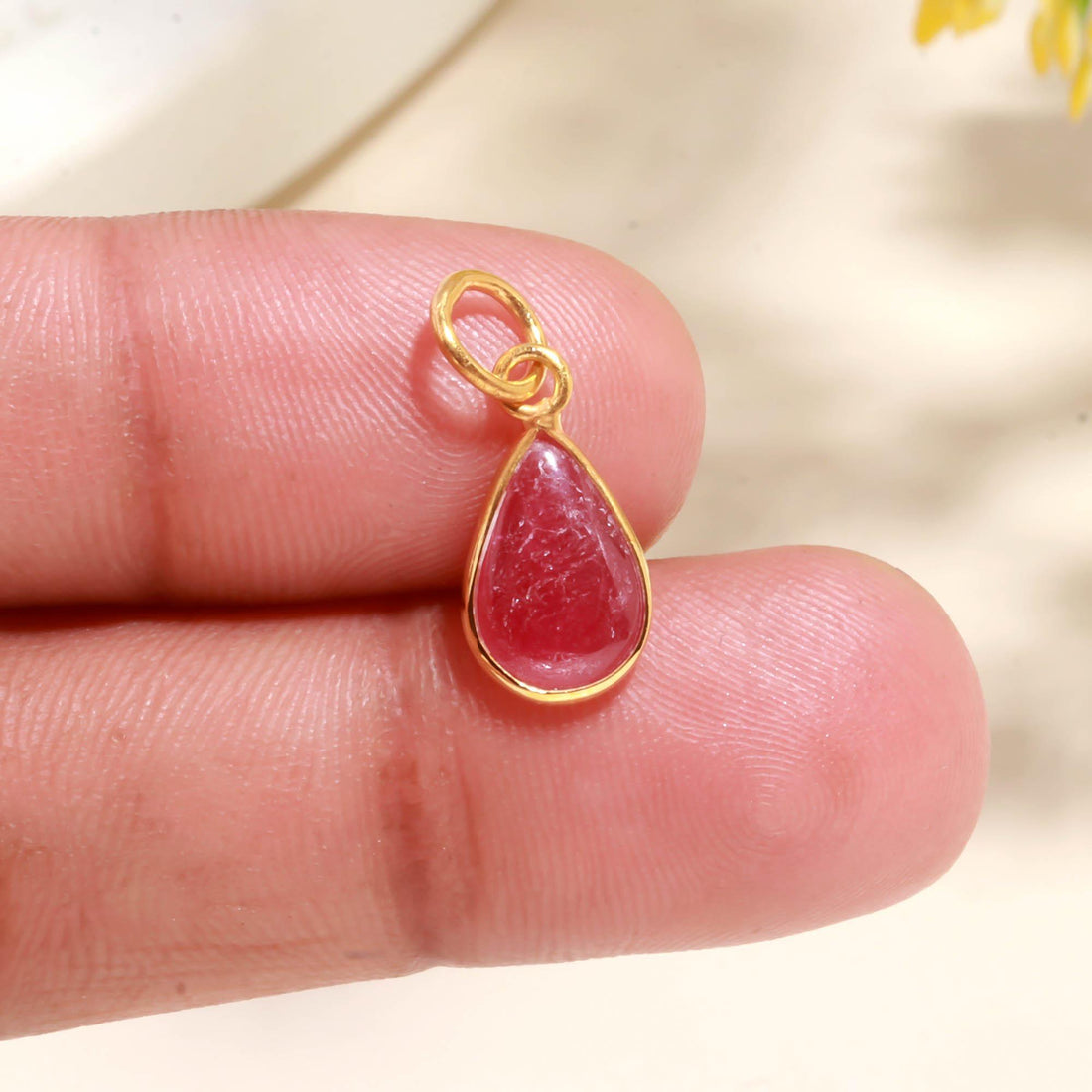 Pear Shape Ruby Charm Pendant | 14K Gold Bezel Set Cabochon | Ethnic Pendant | Vintage Pendant | Gift For Mom | Small Charm — 2