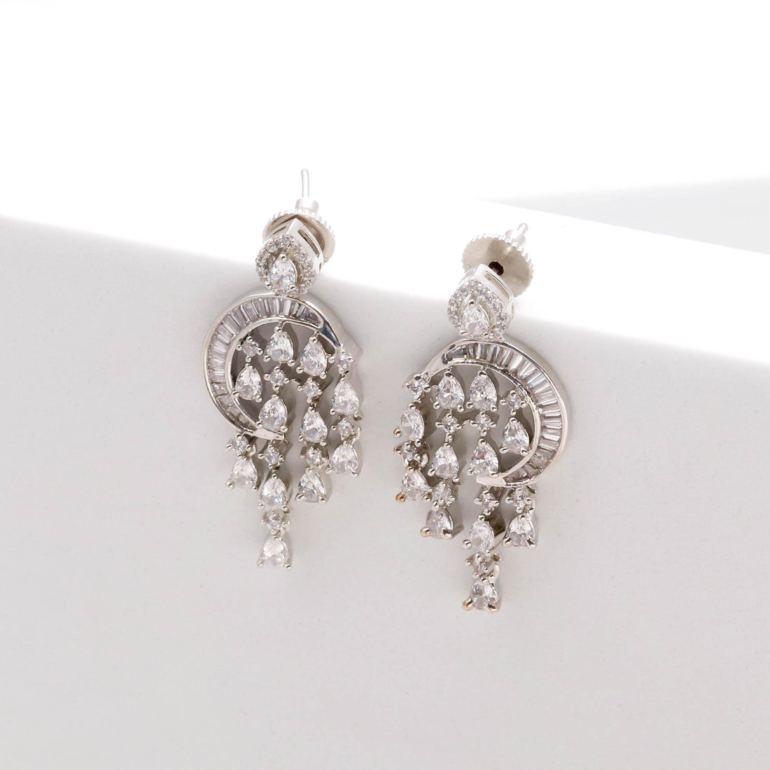 Moon Star CZ Dangle Earrings, Silver Statement Earrings, Celestial Wedding Earrings, Art Deco Bridal Jewelry, Crystal Chandbali Earrings