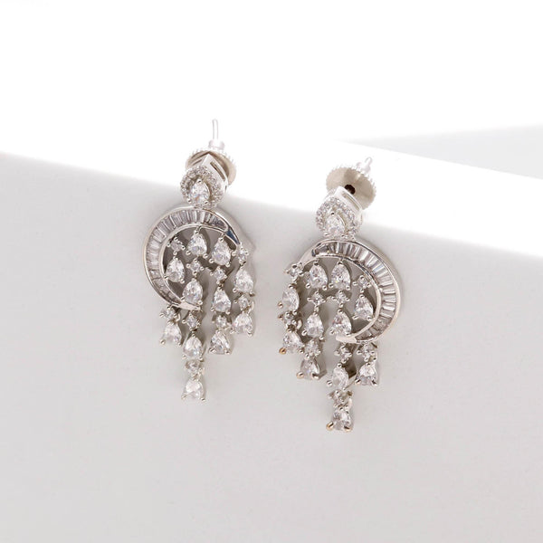 Moon Star CZ Dangle Earrings, Silver Statement Earrings, Celestial Wedding Earrings, Art Deco Bridal Jewelry, Crystal Chandbali Earrings