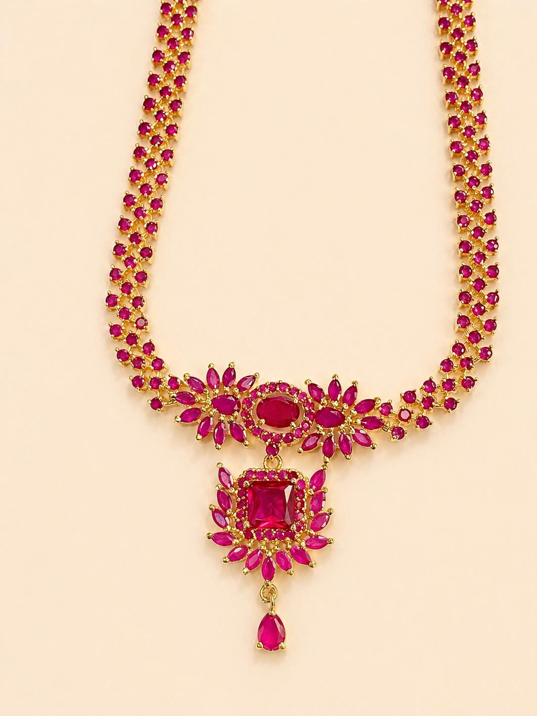 22k Gold Plated Long Ruby Weeding Necklace Set, South Indian Bride Jewelry, Ruby Long Haram — 2