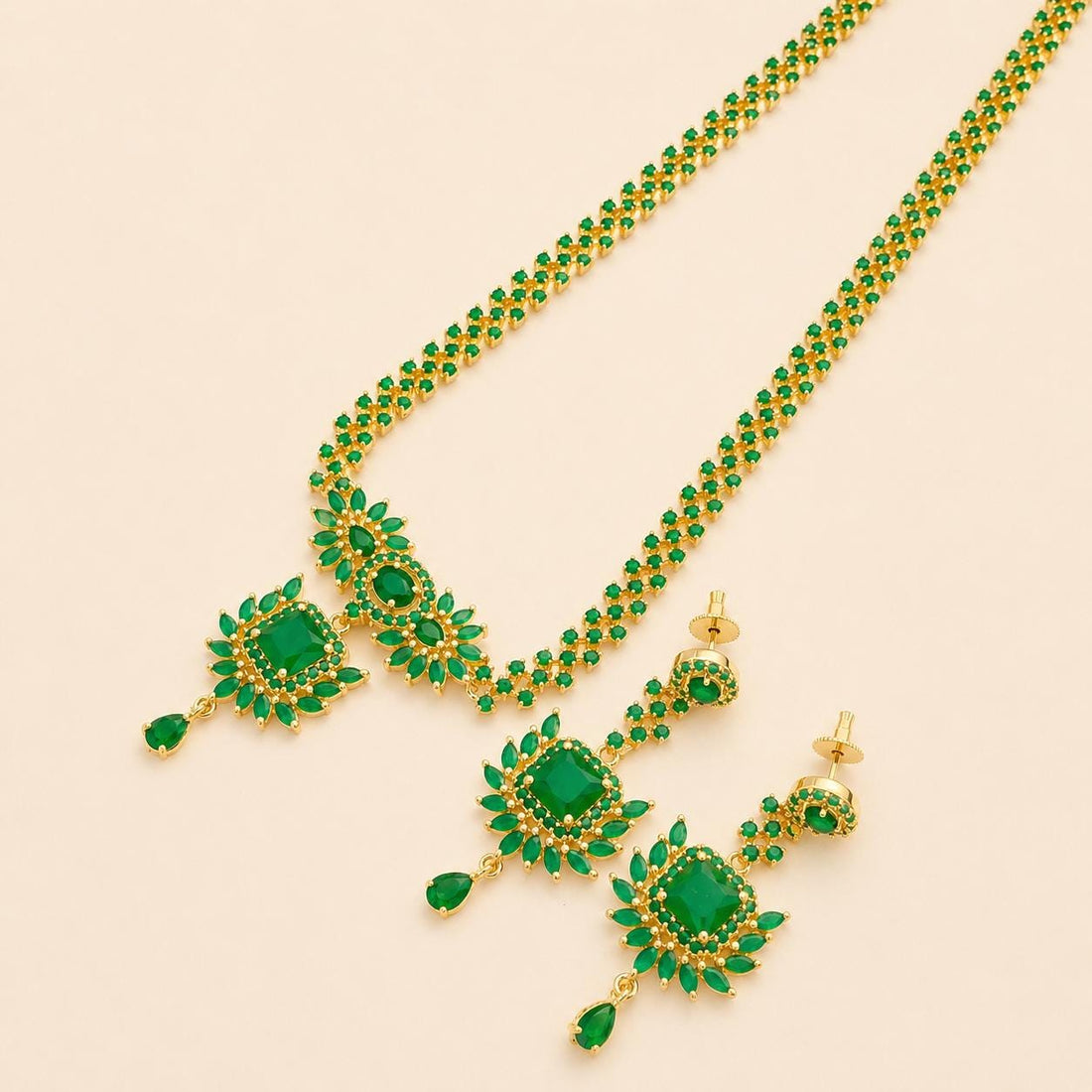 22k Gold Plated Long Ruby Weeding Necklace Set, South Indian Bride Jewelry, Ruby Long Haram — 7