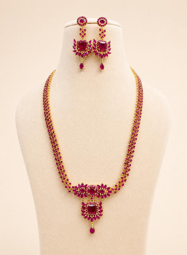 22k Gold Plated Long Ruby Weeding Necklace Set, South Indian Bride Jewelry, Ruby Long Haram