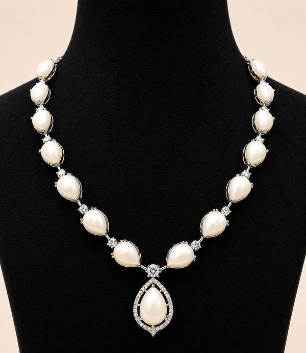 Natural White Mother of Pearl Jewelry Set, White Gold Finish Statement Necklace, MOP Teardrop Earrings, Anniversary Gift for Her, Luxury Set