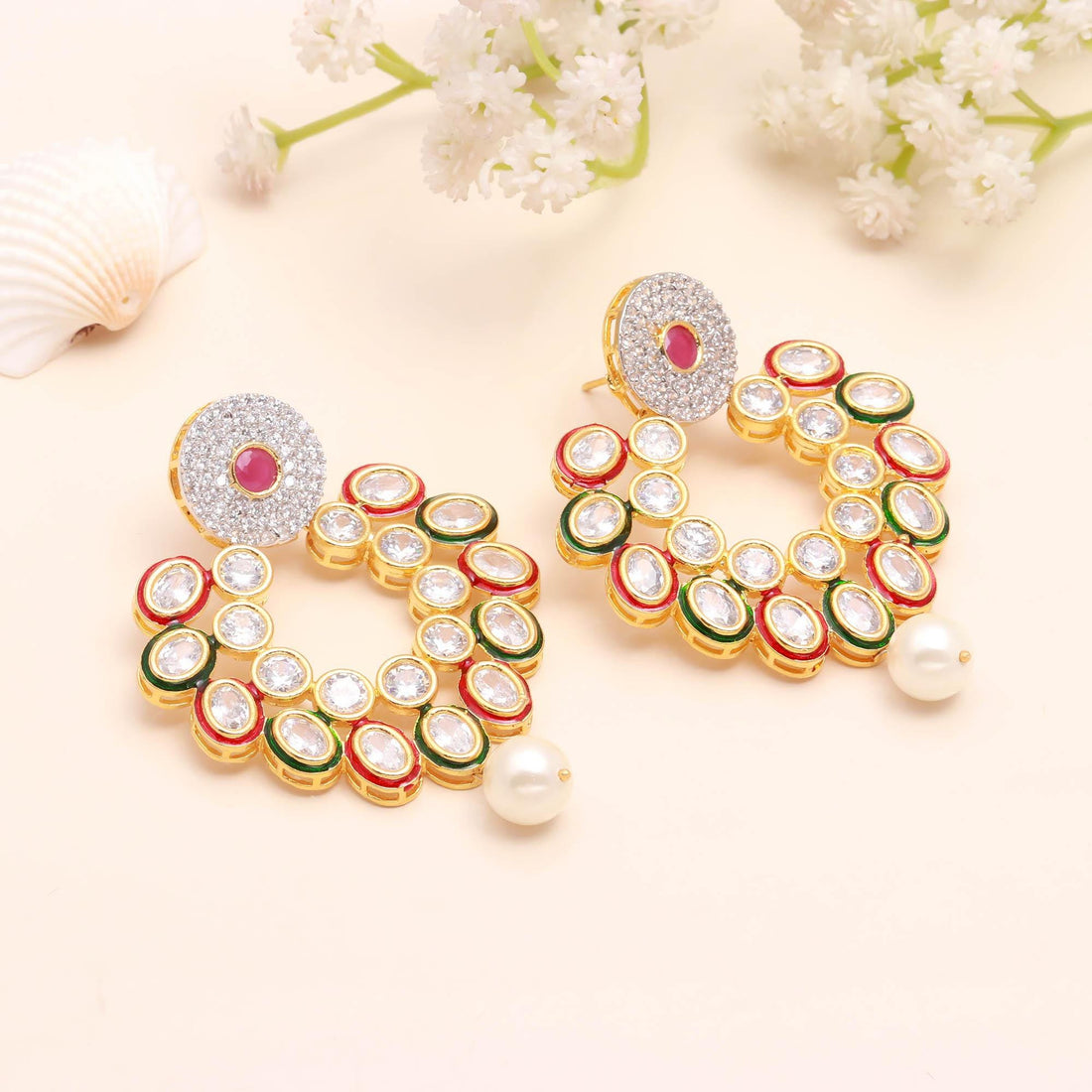 Oval Polki Kundan Earrings | 22K Gold Plated Brass Earrings | Traditional Indian Bridal Jewelry | Wedding Party Wear Earrings | Gift For Her