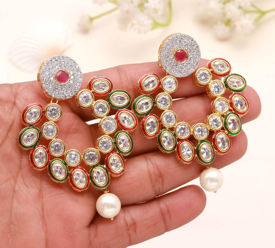 Oval Polki Kundan Earrings | 22K Gold Plated Brass Earrings | Traditional Indian Bridal Jewelry | Wedding Party Wear Earrings | Gift For Her — 2