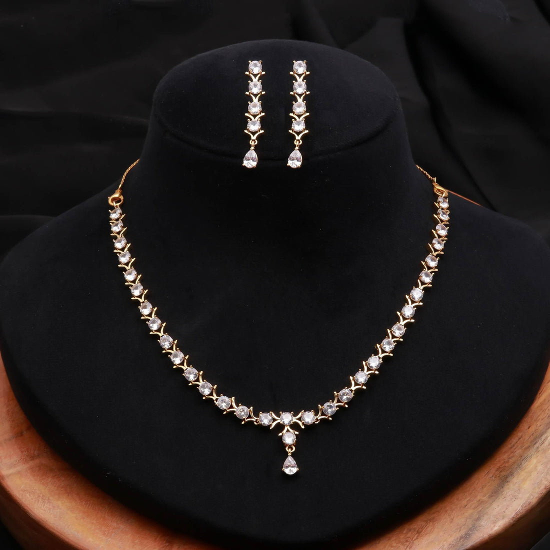 Minimal modern CZ Necklace Set |  22K Gold Plated American Diamond Jewelry | Bridal Wedding | Statement Handmade Indian Gift For Her — 3