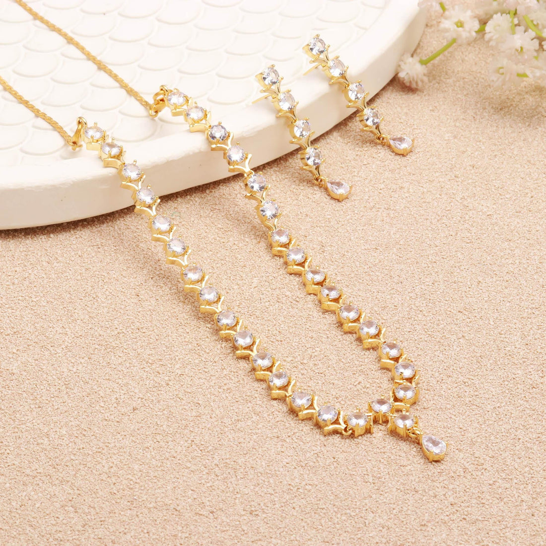 Minimal modern CZ Necklace Set |  22K Gold Plated American Diamond Jewelry | Bridal Wedding | Statement Handmade Indian Gift For Her