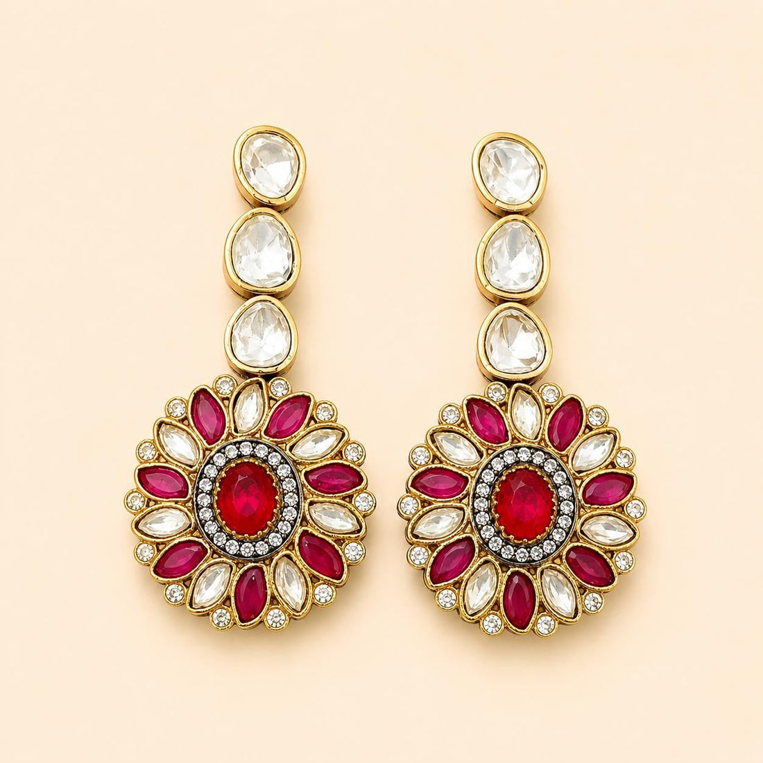 Kundan Polki Bridal Necklace Set, Ruby Diamond Earrings, 22k Gold Plated Statement Jewelry — 4