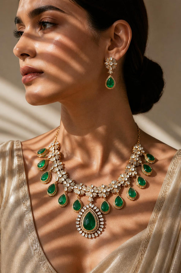 Emerald Kundan Polki Diamond Necklace Set | 22k Gold Plated Indian Bridal Jewellery