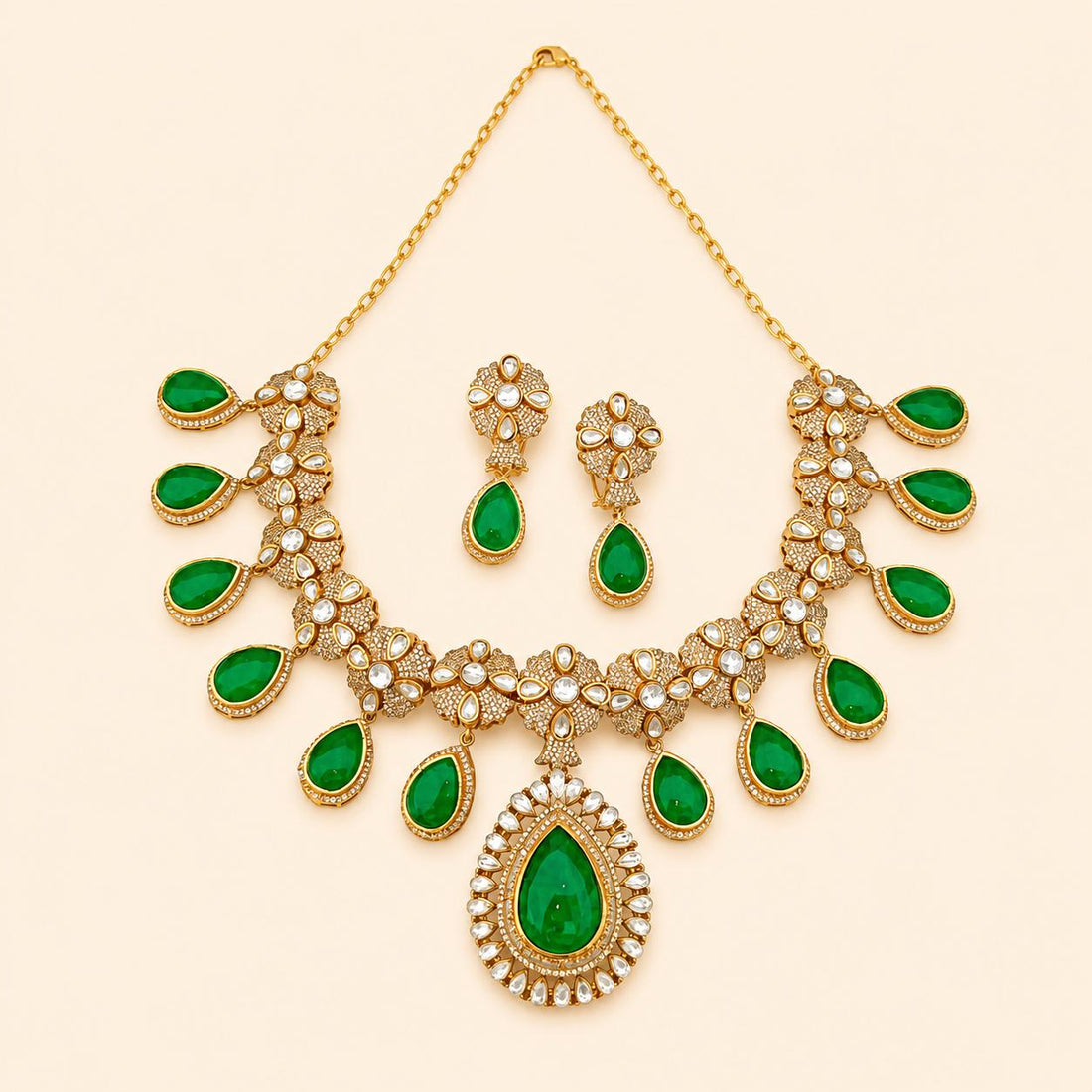 Emerald Kundan Polki Diamond Necklace Set | 22k Gold Plated Indian Bridal Jewellery — 5