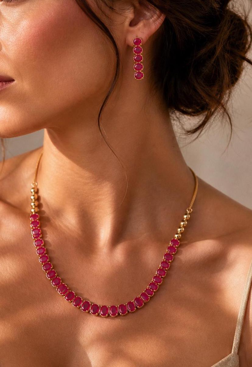 Ruby Tennis 22K Gold Plated Necklace Set | Elegant Party Wear Necklace | Bridal Wedding Jewelry | Festive Necklace |  Gift for Her — 2