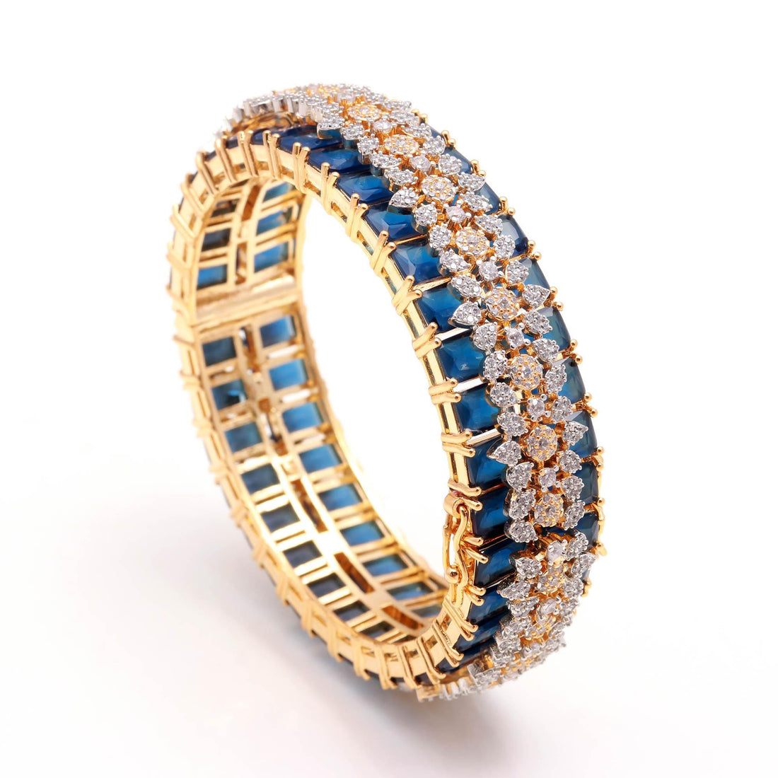 Blue Sapphire CZ Openable Bangle | 22K Gold Plated Kada Bracelet | Traditional Indian Jewelry | Bridal Bangle |Wedding Bangle | Gift For Her — 3
