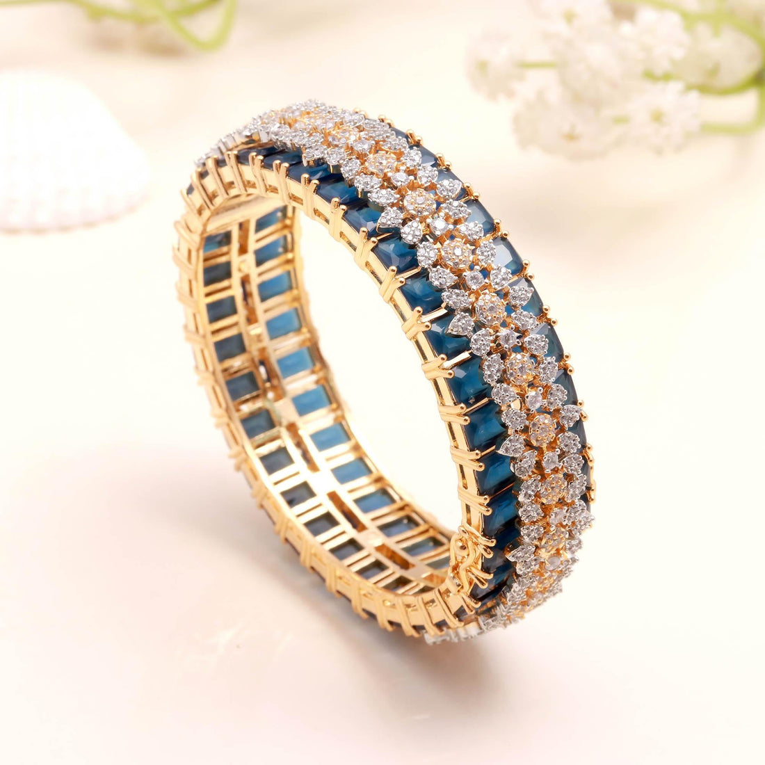 Blue Sapphire CZ Openable Bangle | 22K Gold Plated Kada Bracelet | Traditional Indian Jewelry | Bridal Bangle |Wedding Bangle | Gift For Her