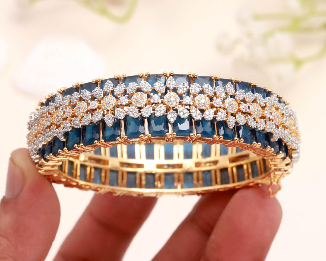 Blue Sapphire CZ Openable Bangle | 22K Gold Plated Kada Bracelet | Traditional Indian Jewelry | Bridal Bangle |Wedding Bangle | Gift For Her — 5