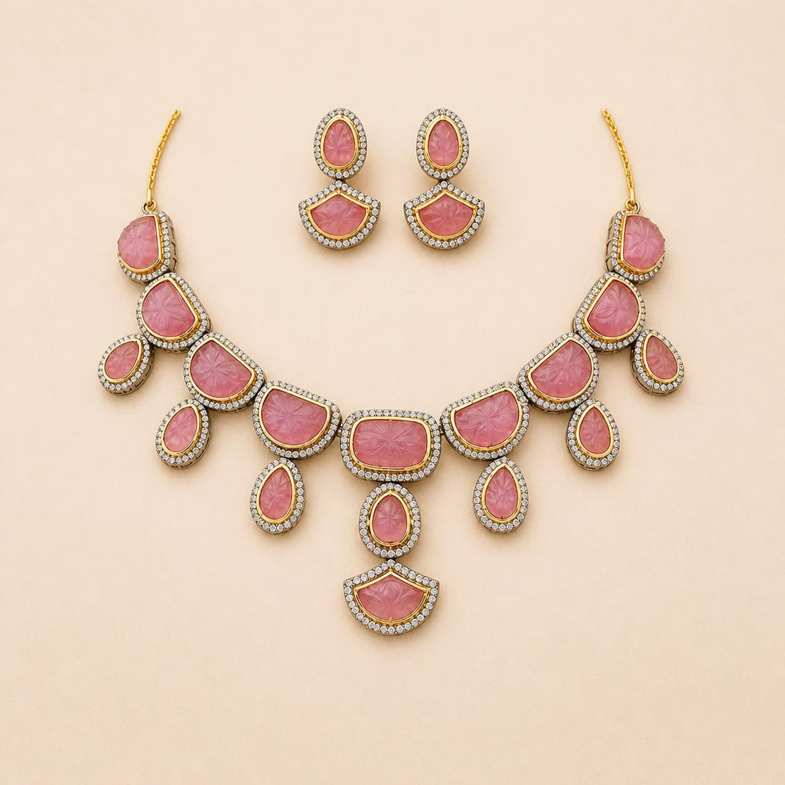 Pink Rose Quarts Carving Stone Necklace, Gold Plated Jewelry, Bride Jewelry, Vintage Gift for her — 2