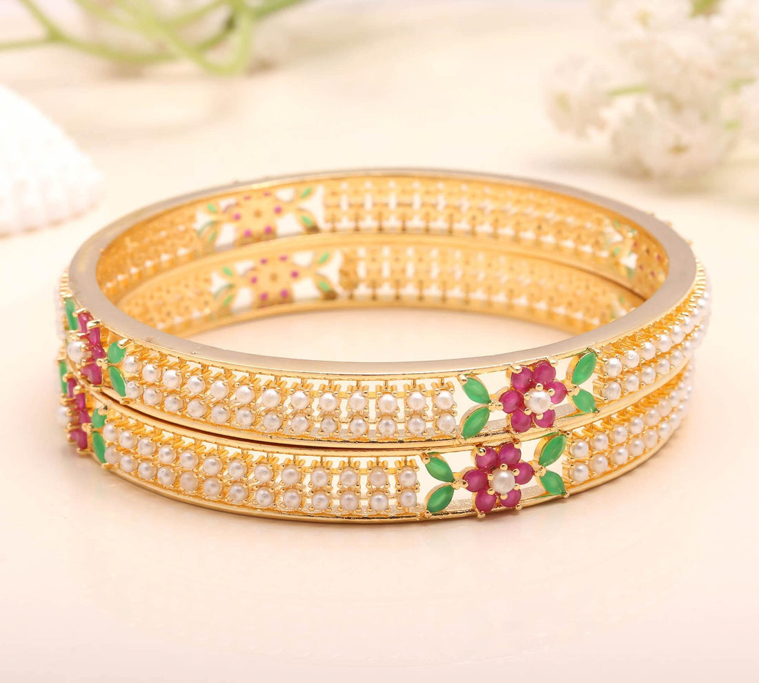 Ruby Emerald Pearl Bangle | 22K Gold Plated Handmade Bracelet | Traditional Indian Jewelry | Bridal Bangle | Wedding Bangle | Gift For Women — 2