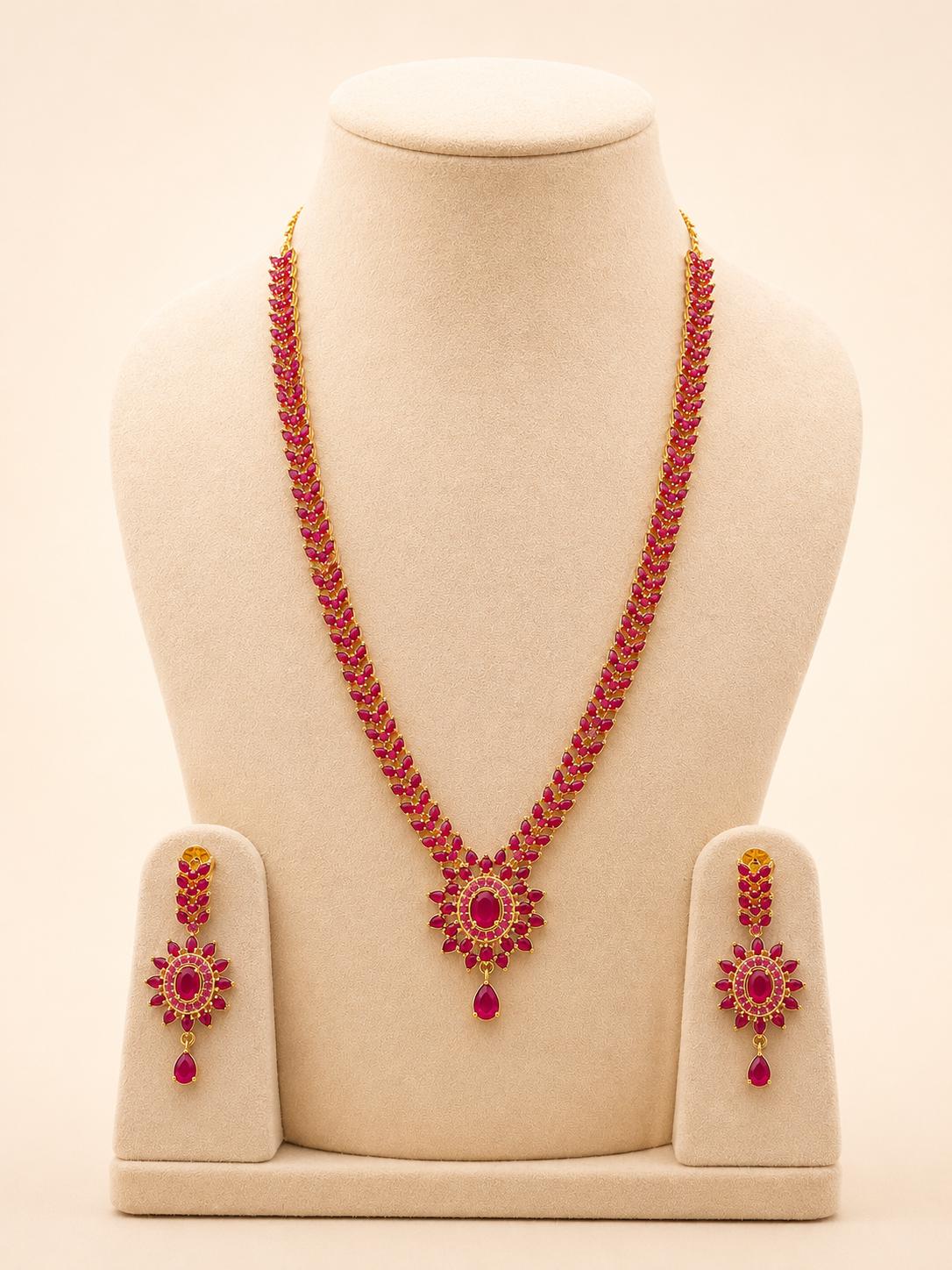 Long PremiumRuby Gold Plated South Indian Wedding Necklace | Red Necklace | Gift For Her | Haram With Earr| Ruby Jewelry |Gift for her — 2