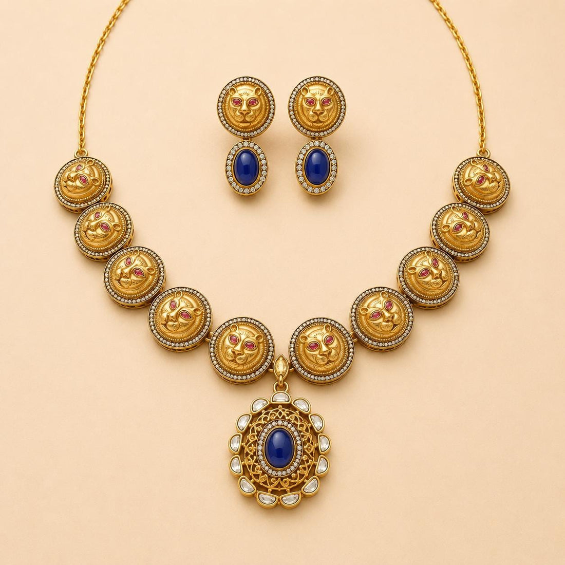Vintage Lion Coin Necklace Set with Blue sapphire Gemstone Pendant – 22k Gold plated  Statement Bridal Jewelry — 4