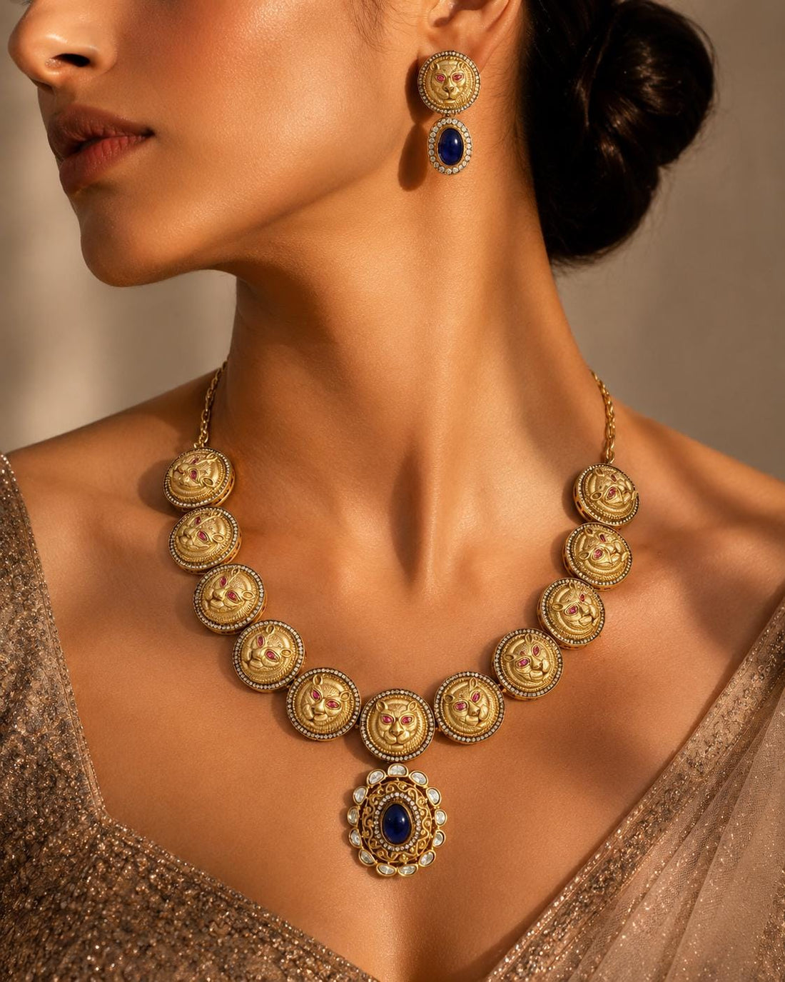 Vintage Lion Coin Necklace Set with Blue sapphire Gemstone Pendant – 22k Gold plated  Statement Bridal Jewelry — 3