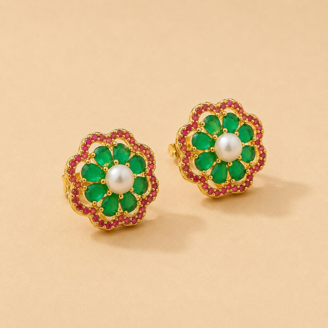 Emerald Ruby Pearl Earrings | Gold Plated Art Deco Wedding Jewelry | Bridal Statement Earrings | Vintage Style Ethnic Jewelry | Gift for Her