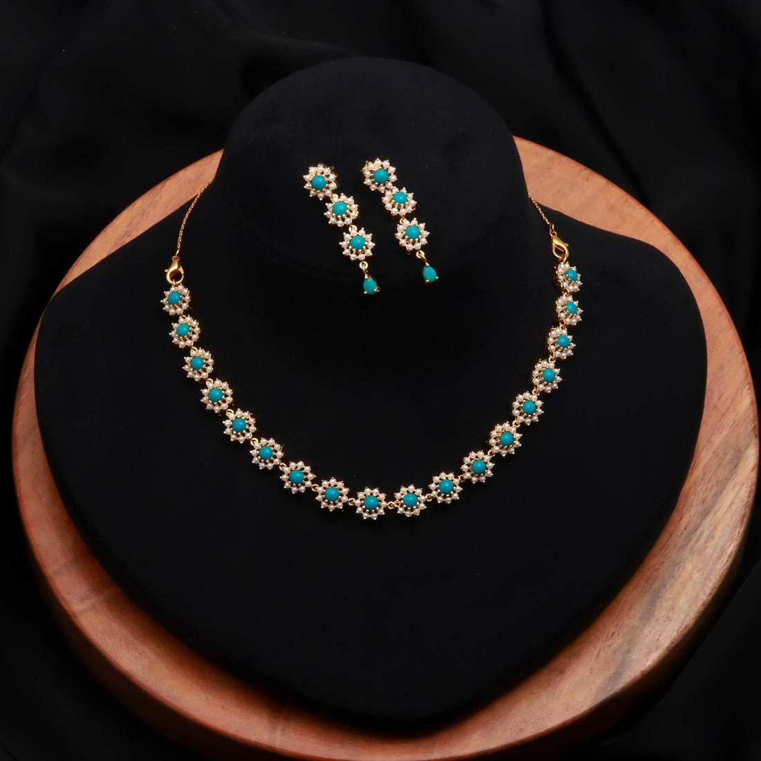 Blue White Necklace Set | Turquoise Pearl Jewelry | Gift For Women | Bridal Necklace | Wedding Necklace | 22K Gold Plated Necklace — 3