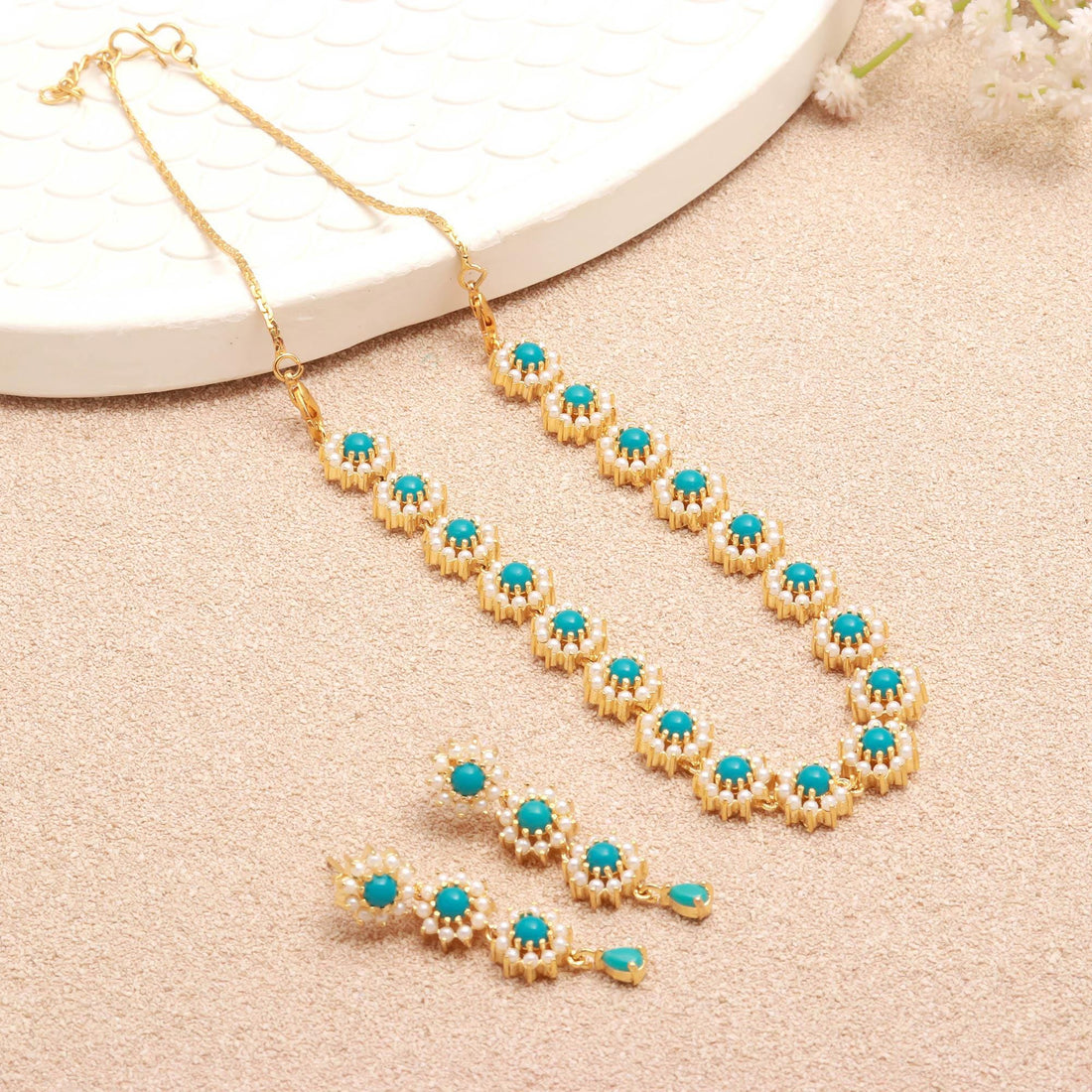 Blue White Necklace Set | Turquoise Pearl Jewelry | Gift For Women | Bridal Necklace | Wedding Necklace | 22K Gold Plated Necklace
