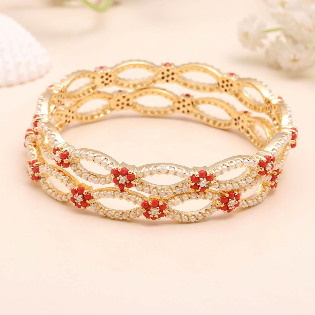 22K Gold Plated  Coral Pearl Bangle | Indian Bracelet | Wedding Jewelry | Ethnic Wear Bangle | Gift For Her | Indian Bangle | Bridal Bangle